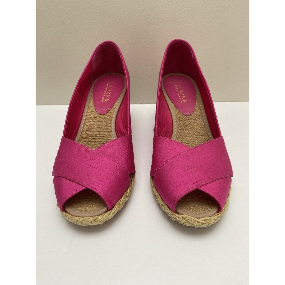 Lauren Ralph Lauren SHANTUNG SILK Cecilia Wedge Heel 9 B Fuchsia PINK Espadrille - Picture 3 of 8